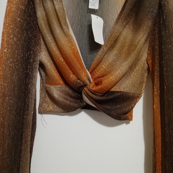 MadRag Multicolor Neutral Sparkle L/Sleeve V Neck Crop Top S - Picture 3 of 6